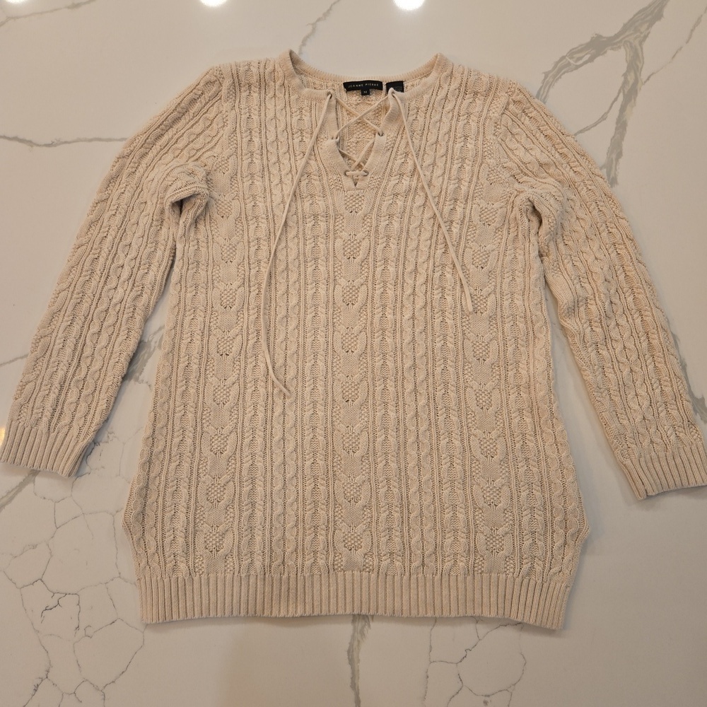 Jeanne Pierre Womens Cotton Cable Knit Lace Up V-Neck Sweater Cream Size Medium